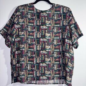 Vintage 90s Silk Book Print Blouse TAN Library Academia Teacher Top L